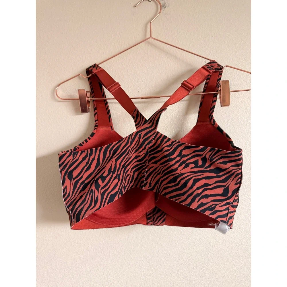 Victoria's Secret Sports Bra 34DDD Orange Zebra Front Zip Strappy High Impact